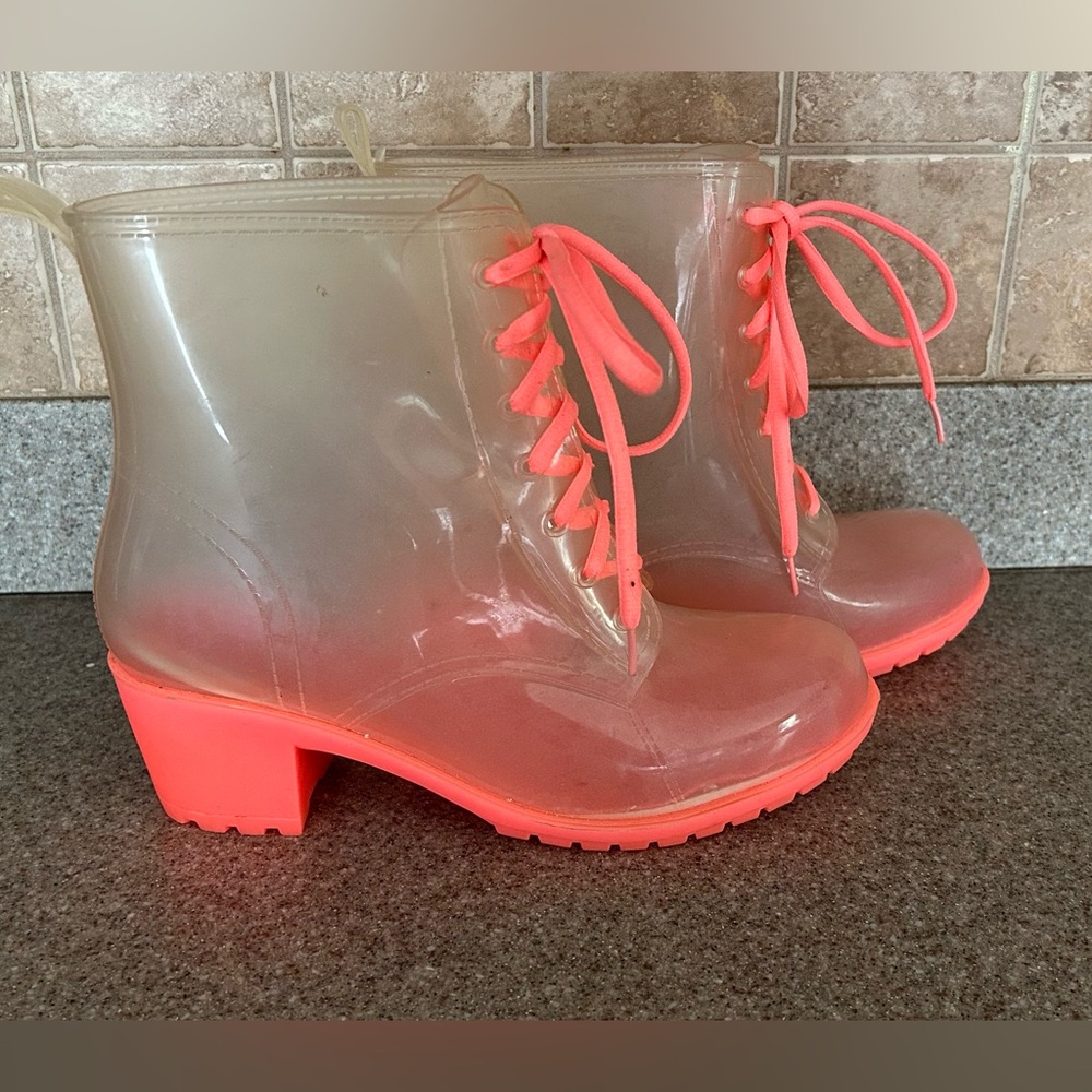 CLEAR PEACH NEON H2K JELLY RAIN BOOTIES  HEEL  WEDGE SIZE  7 LACE UP SEE THREW